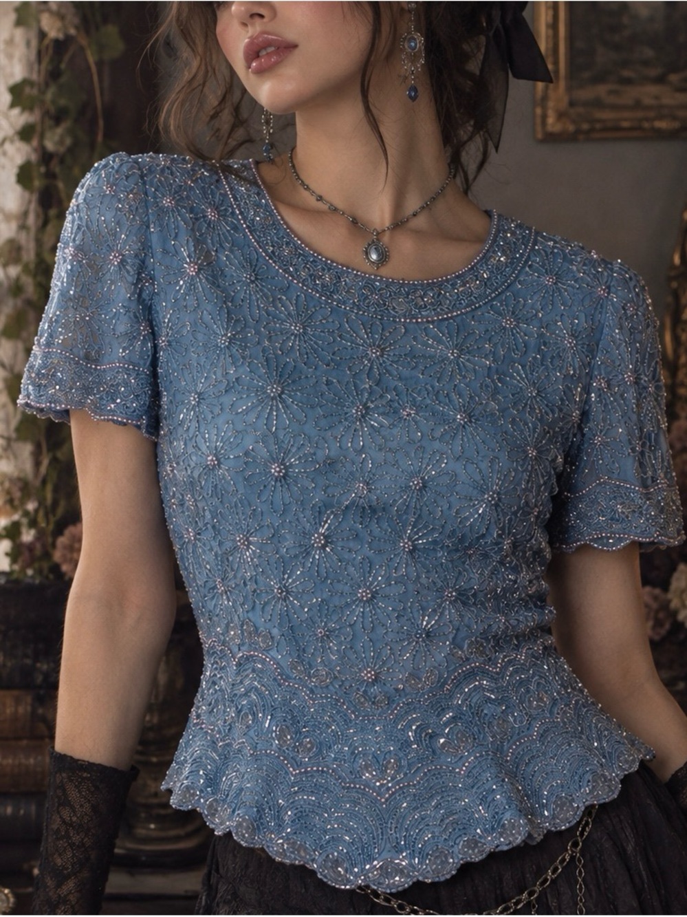 NEW VINTAGE 80s Size 10 Adrianna Papell Boutique Blue Floral Silk Beaded Blouse
